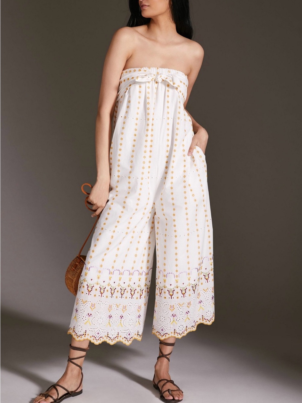 Anthropologie White Strapless Eyelet Embroidered Wide-Leg Jumpsuit Cottagecore